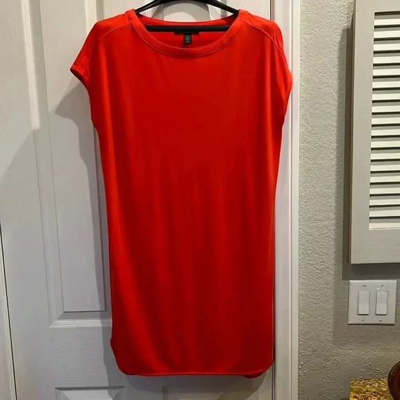 Lauren Ralph Lauren Red Shift Shirt Dress Short Cap Sleeve Size Small Flaw - Picture 1 of 9